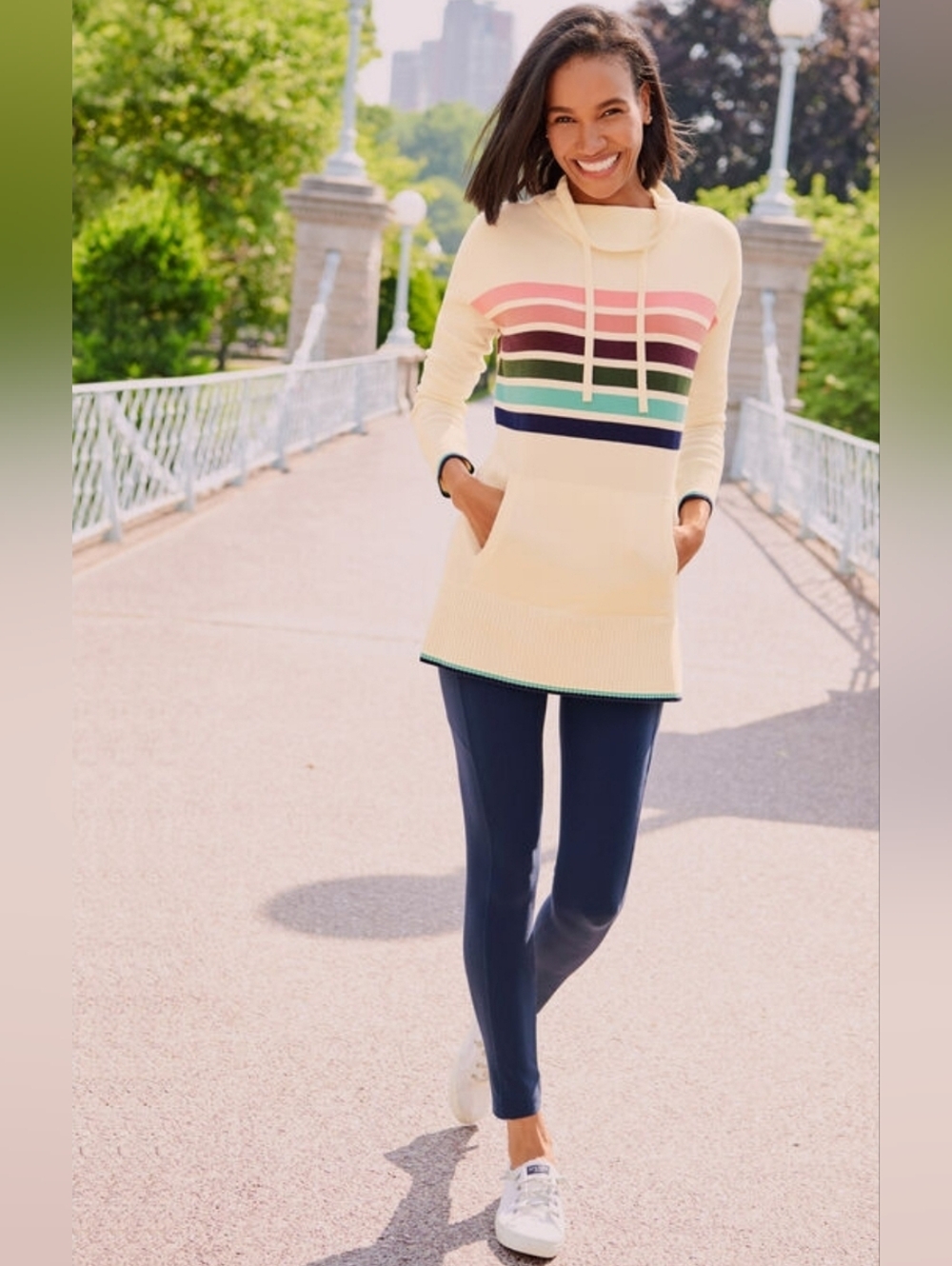 Talbots 	Cowlneck Stripe Tunic Sweater, Ivory & Multi Color, 3X